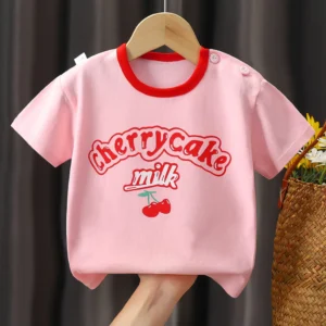 เสื้อยืดคอกลม แขนสั้นแบบมีกระดุม ผ้าฝ้ายนิ่ม ลายเชอรี่ชมพู (90-100cm.1-2ปี)