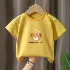เสื้อยืดคอกลมสำหรับเด็กแขนสั้นแบบมีกระดุม ผ้าฝ้าย นิ่ม ใส่สบาย(100-110cm.3-4ปี)