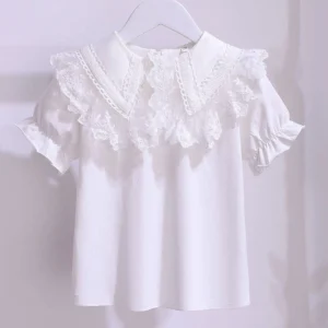 เสื้อแขนสั้น ผ้าลูกไม้ สีพื้น สําหรับเด็กผู้หญิง อายุ 8-11 ปี