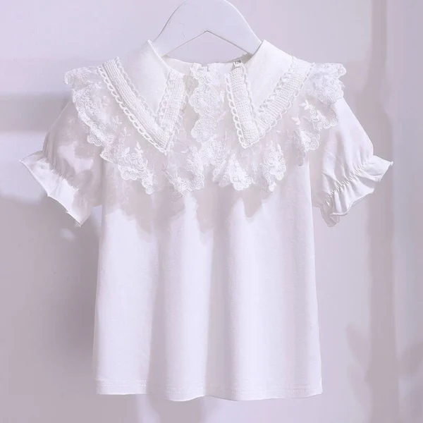 เสื้อแขนสั้น ผ้าลูกไม้ สีพื้น สําหรับเด็กผู้หญิง อายุ 8-11 ปี